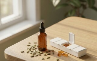 Pumpkin seed oil bottle and seeds beside hair regrowth capsules, symbolizing pumpkin seed oil hair regrowth research