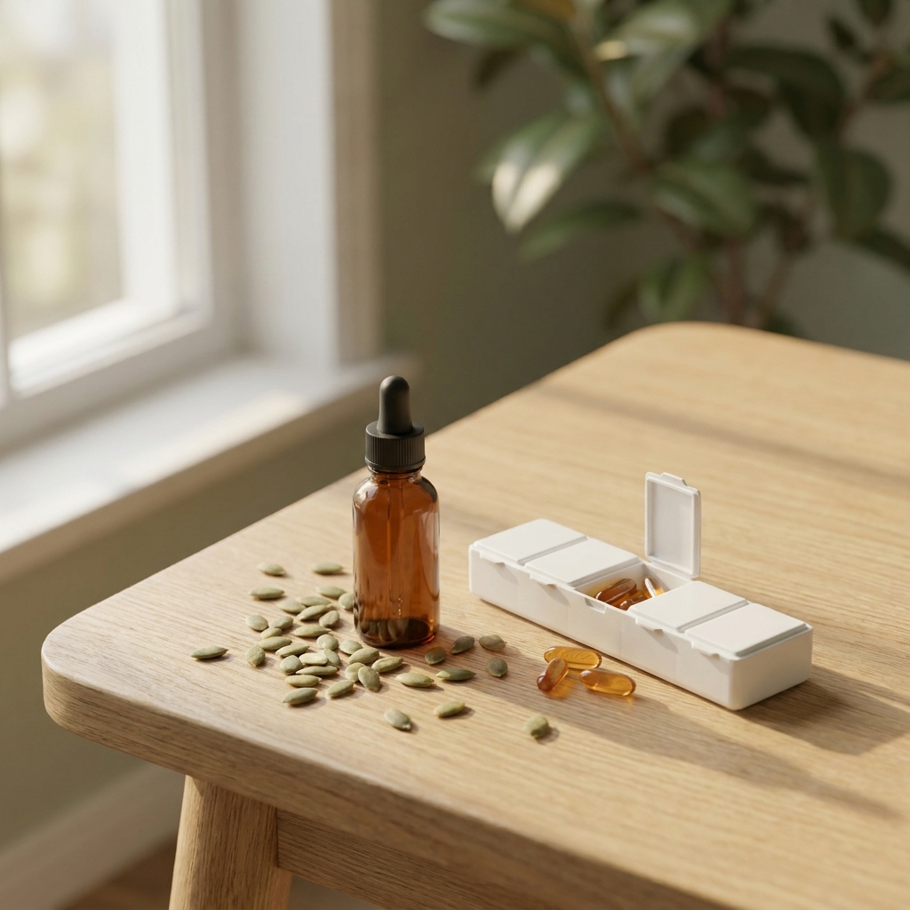 Pumpkin seed oil bottle and seeds beside hair regrowth capsules, symbolizing pumpkin seed oil hair regrowth research Pumpkin seed oil bottle and seeds beside hair regrowth capsules, symbolizing pumpkin seed oil hair regrowth research