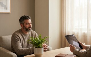 Man in a calm consultation discussing surgical hair restoration options with a specialist
