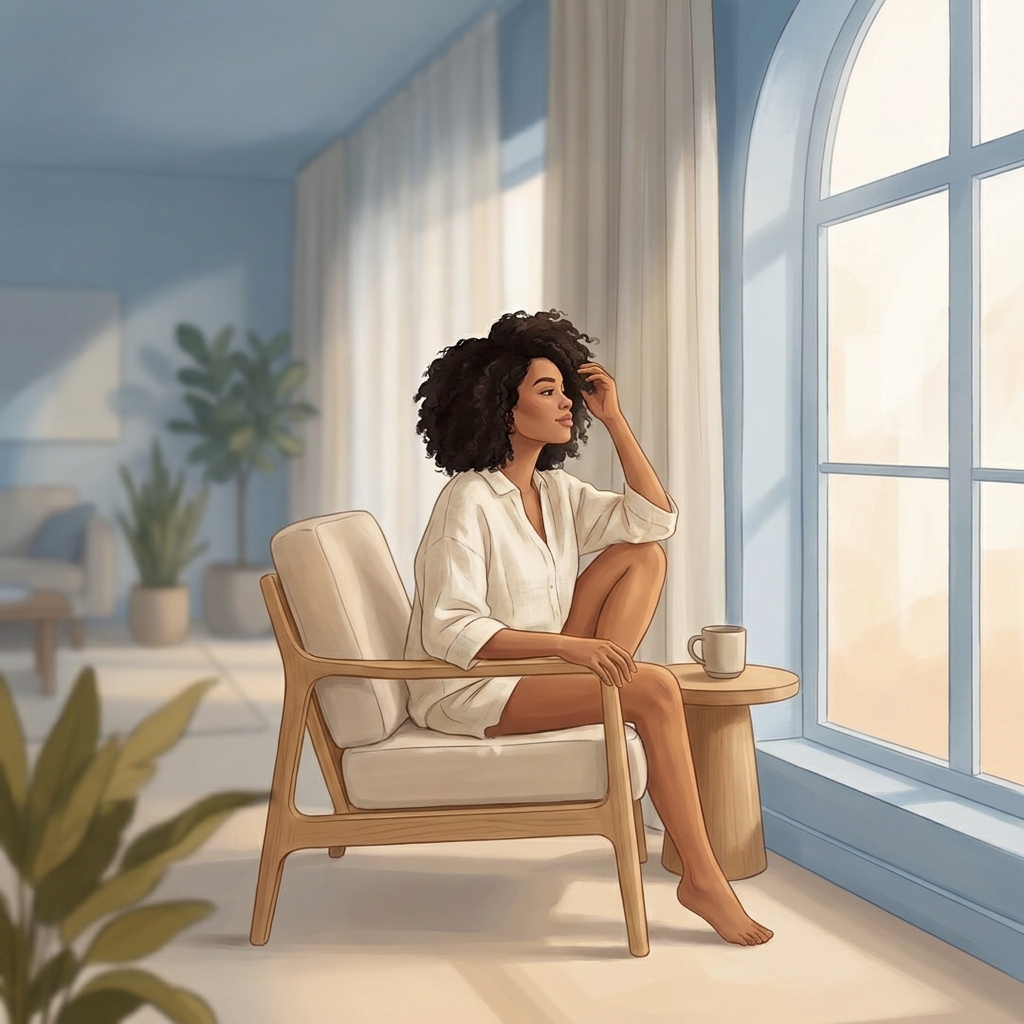 Woman confidently touching healthy hair, representing research on male pattern baldness in females Woman confidently touching healthy hair, representing research on male pattern baldness in females