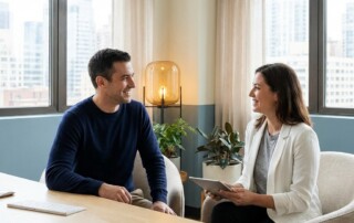 Man discussing hair restoration surgery candidacy with a medical professional in a bright office