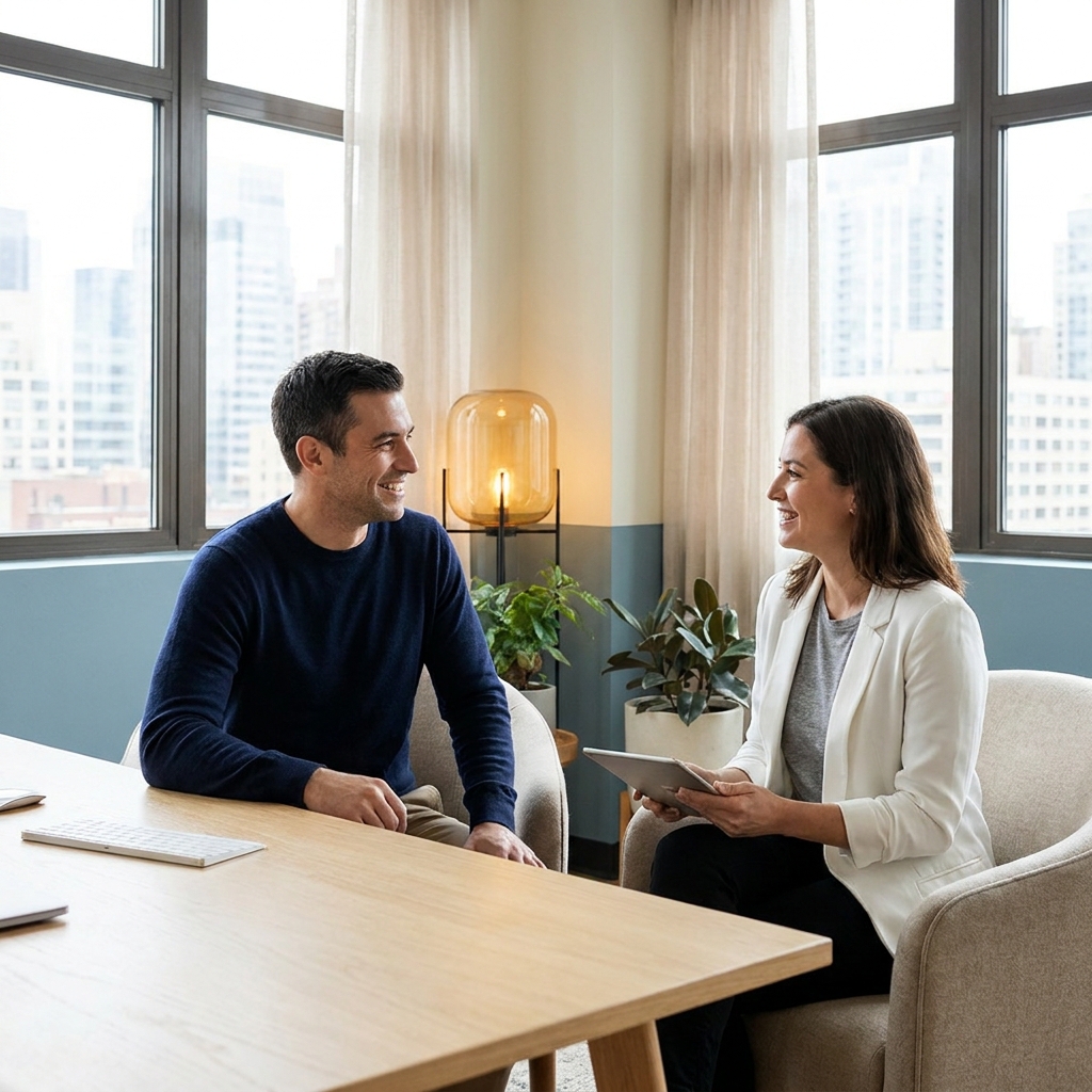 Man discussing hair restoration surgery candidacy with a medical professional in a bright office Man discussing hair restoration surgery candidacy with a medical professional in a bright office
